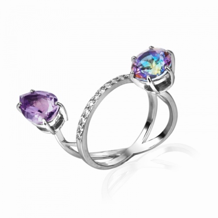 Кольцо серебряное женское 925 с аметистом и кварцем