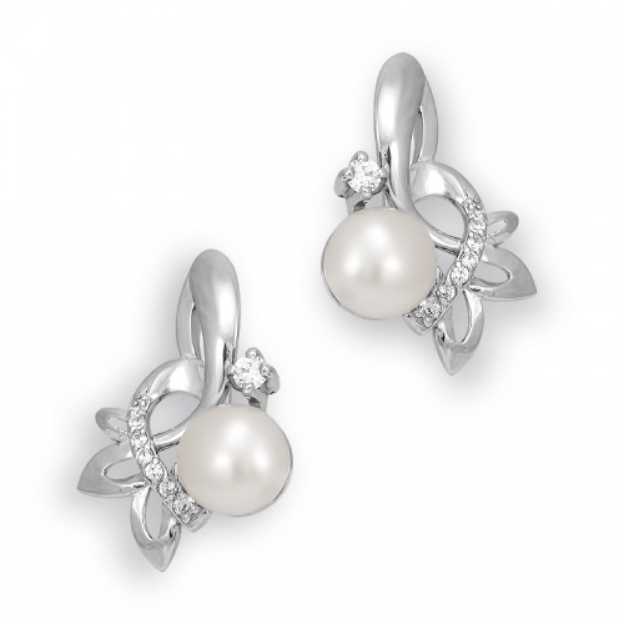 Серьги серебряные женские 925 с жемчугом и фианитами