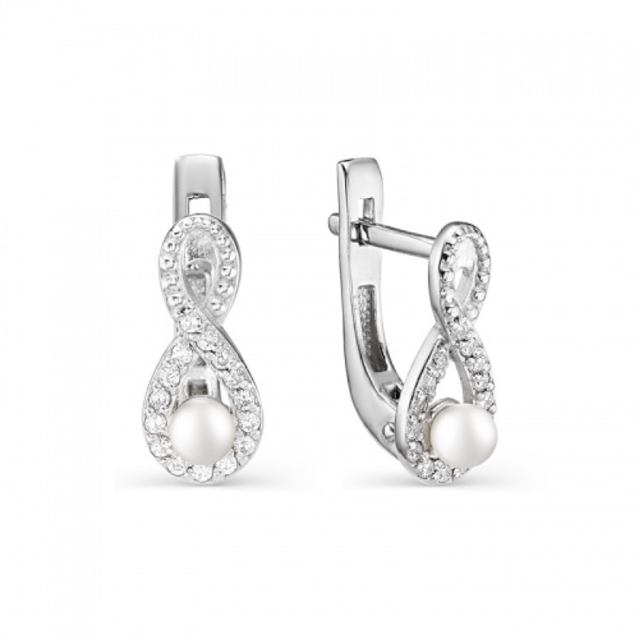 Серьги серебряные женские 925 с жемчугом и фианитами