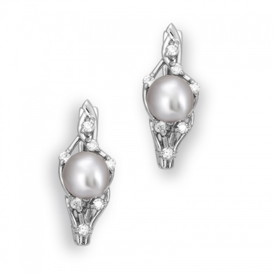 Серьги серебряные женские 925 с жемчугом и фианитами