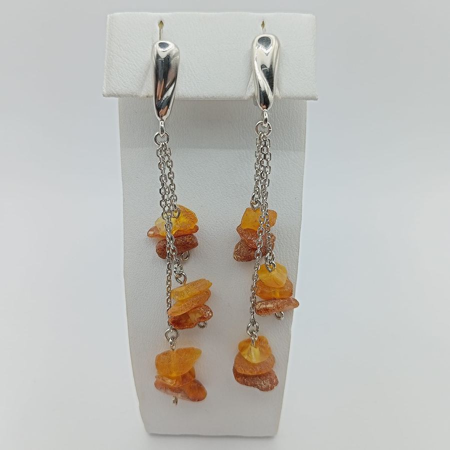 Серьги серебряные женские 925 с подвесами Янтаря