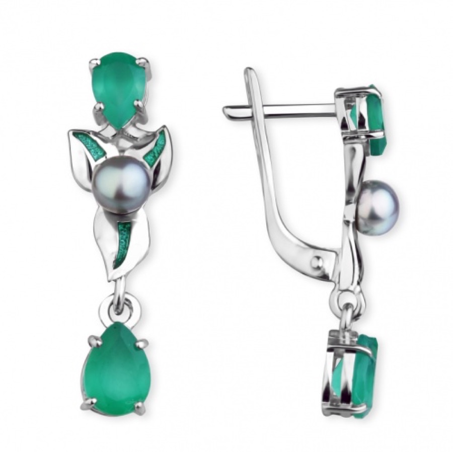 Серьги серебряные женские 925 с жемчугом и агатом