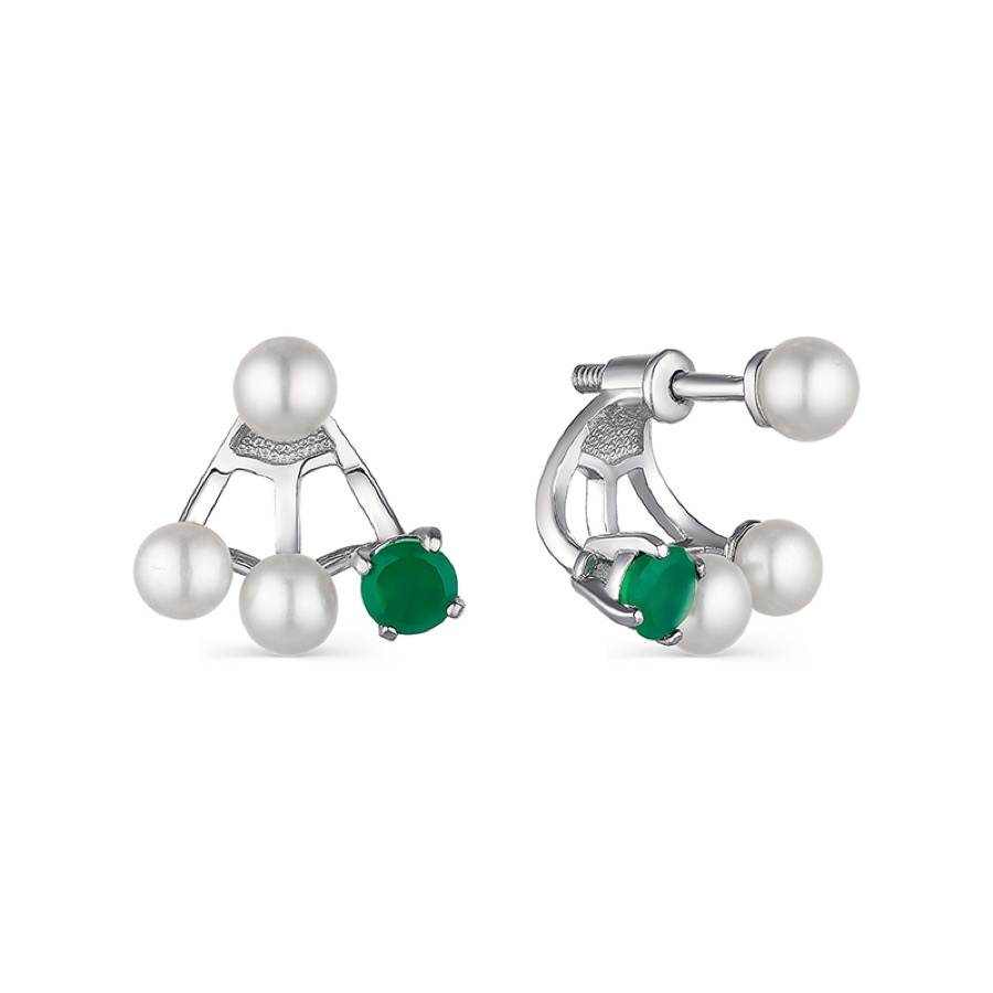 Серьги серебряные женские 925 с изумрудами и жемчугом