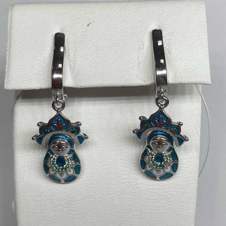 Серьги серебряные женские 925 с эмалью и фианитами