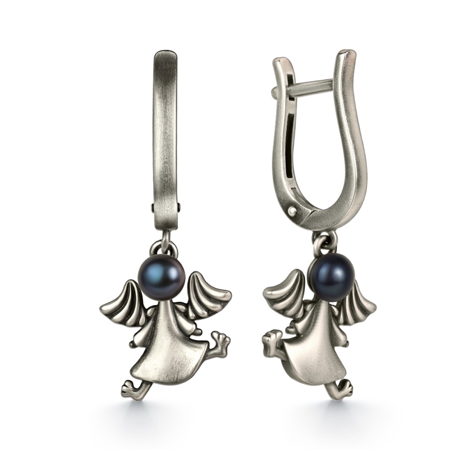 Серьги серебряные женские 925 чернёные с жемчугом