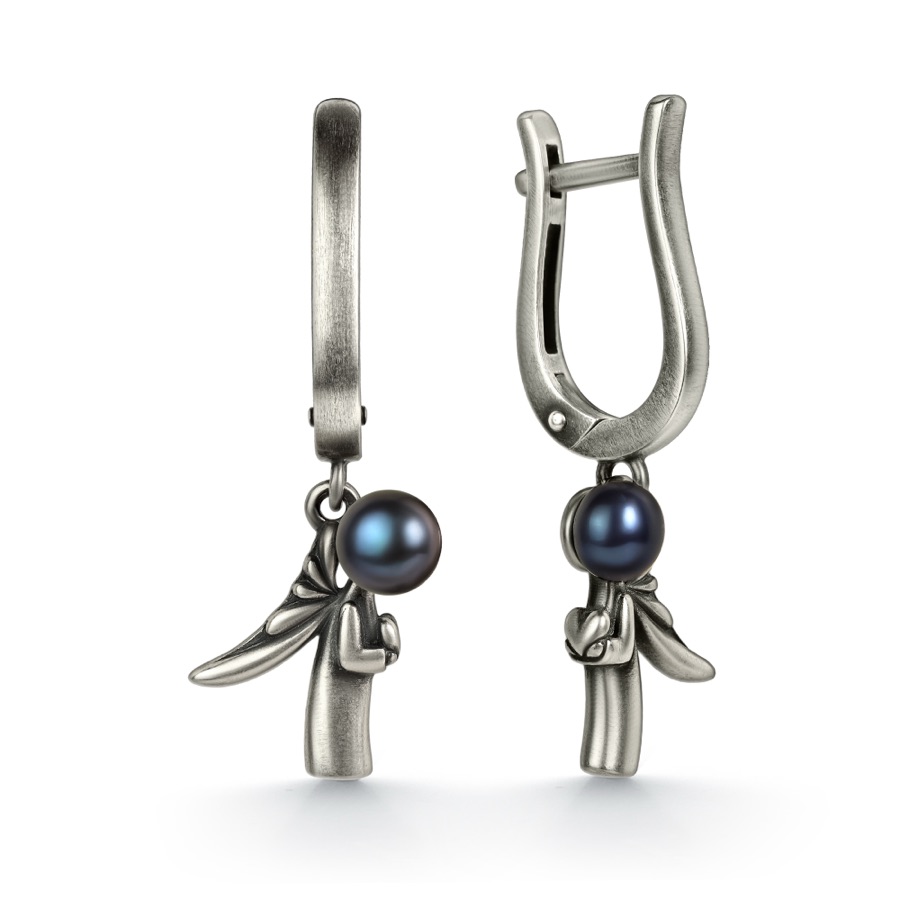 Серьги серебряные женские 925 чернёные с жемчугом