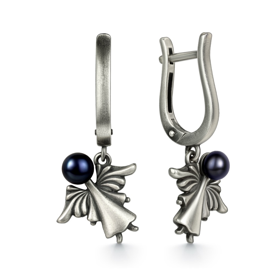 Серьги серебряные женские 925 чернёные с жемчугом