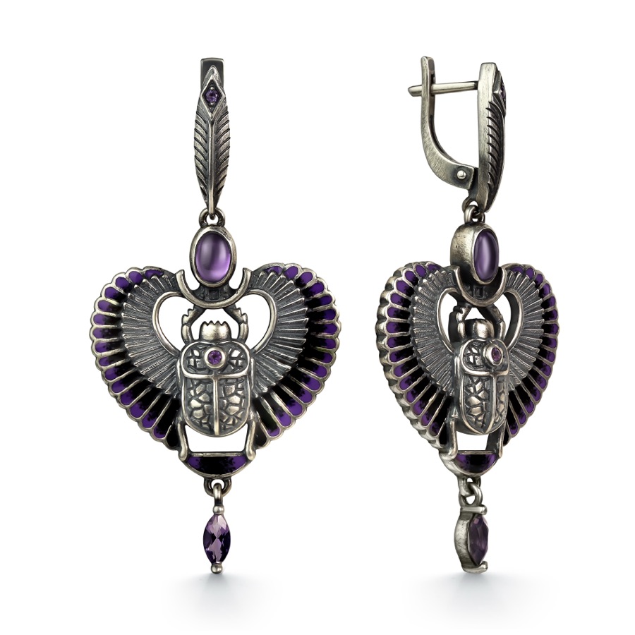 Серьги серебряные женские 925 чернёные с аметистом и эмалью