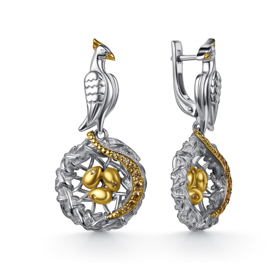 Серьги серебряные женские 925 позолоченные с фианитами