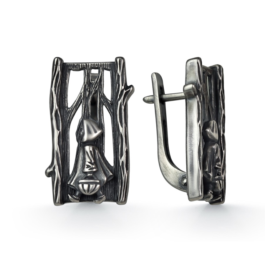Серьги серебряные женские 925 чернёные крупные красная шапочка