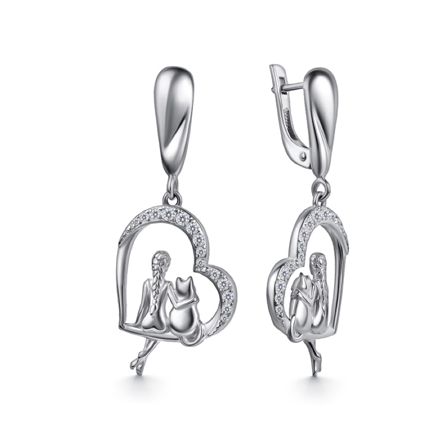 Серьги серебряные женские 925 с фианитами висюльки сердце