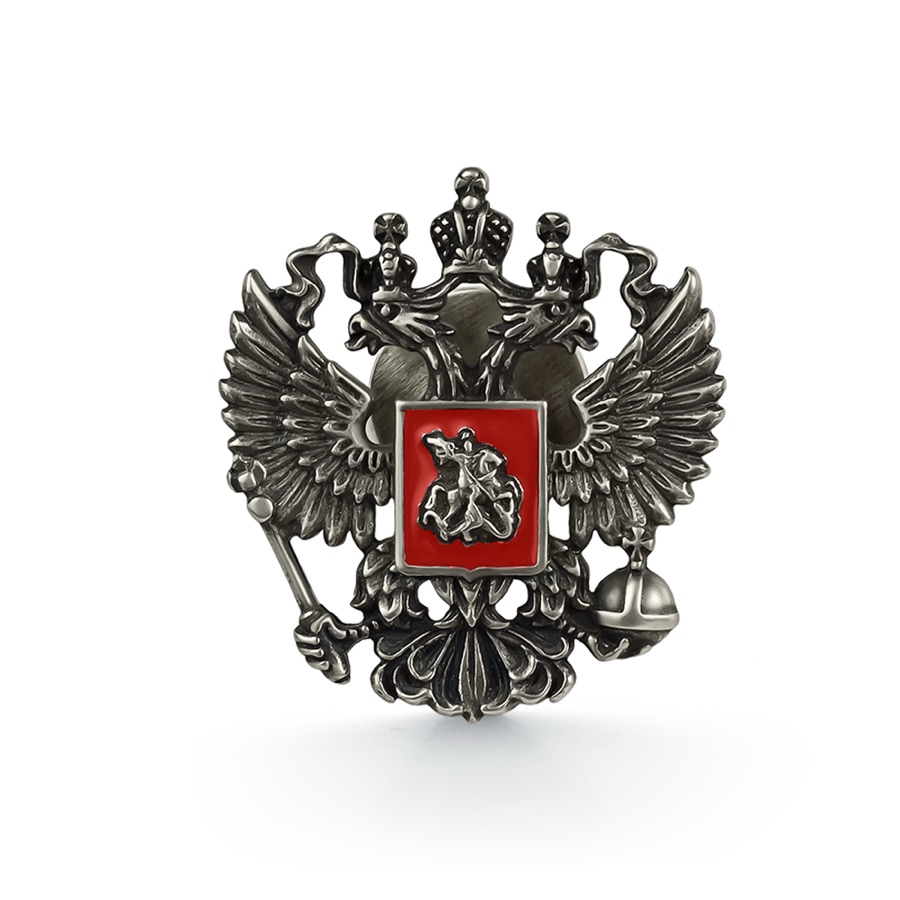 Значок серебряный чернёный унисекс 925 с эмалью герб России «Двуглавый орёл»
