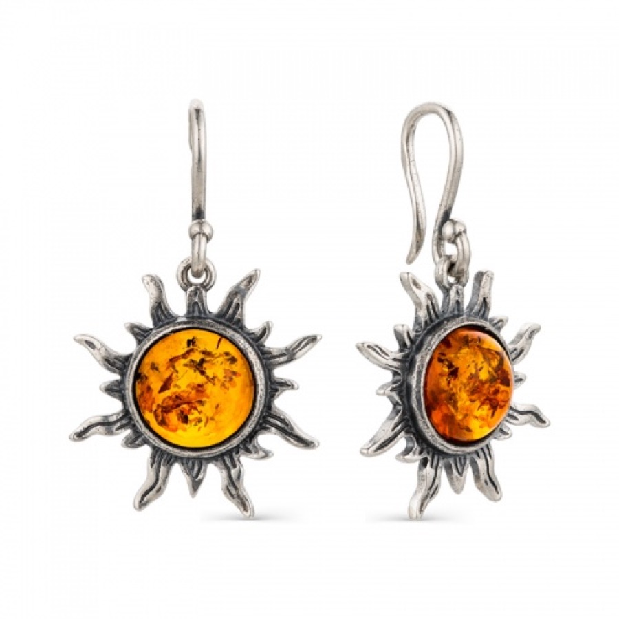 Серьги серебряные женские 925 чернёные с янтарём