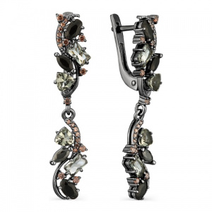 Серьги нарядные с подвесами из гранатов и раух-топазов 241601А-5-1