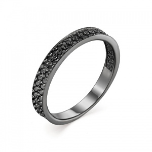 Стильное кольцо с двумя дорожками черных фианитов и черным родажом 127155-3-1