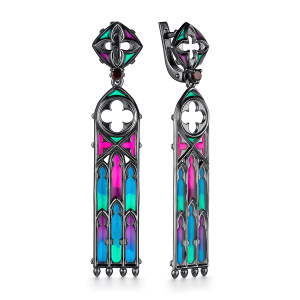 Серьги Готика с гранатами и витражными подвесами 240142А-2-1