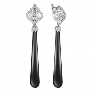 Эффектные длинные серьги с черными агатами 220120-1