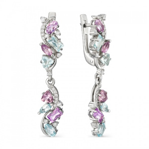 Серьги нарядные с подвесами из топазов и аметистов 241601А-2